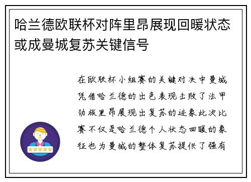 哈兰德欧联杯对阵里昂展现回暖状态或成曼城复苏关键信号 哈兰德欧联杯对阵里昂展现回暖状态或成曼城复苏关键信号