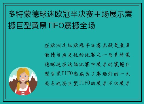 多特蒙德球迷欧冠半决赛主场展示震撼巨型黄黑TIFO震撼全场